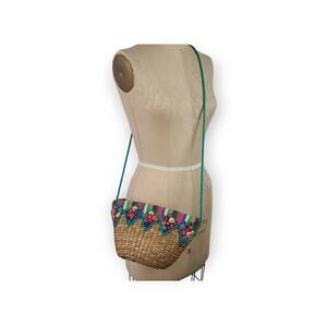 VTG 90s bright natural woven basket zip top shoulder bag purse